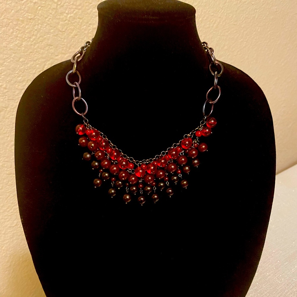Black, red and purple glass beaded necklace